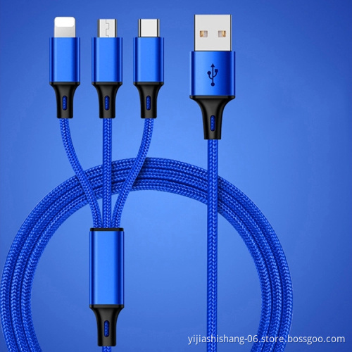 Yijiashishang Nylon braided 3-in-1 charging cable with iOS 8PIN, Micro USB and Type-C interface 2.A Aluminum Alloy connectors